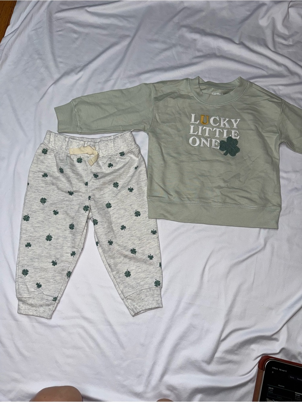 Carter's Green 'Lucky Little One' Sweatshirt & Cream Clover Joggers